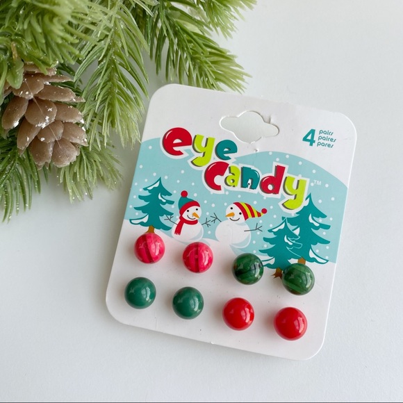 Eye Candy set of 4 Christmas Green Red Stud Earrings NWT - Picture 1 of 6